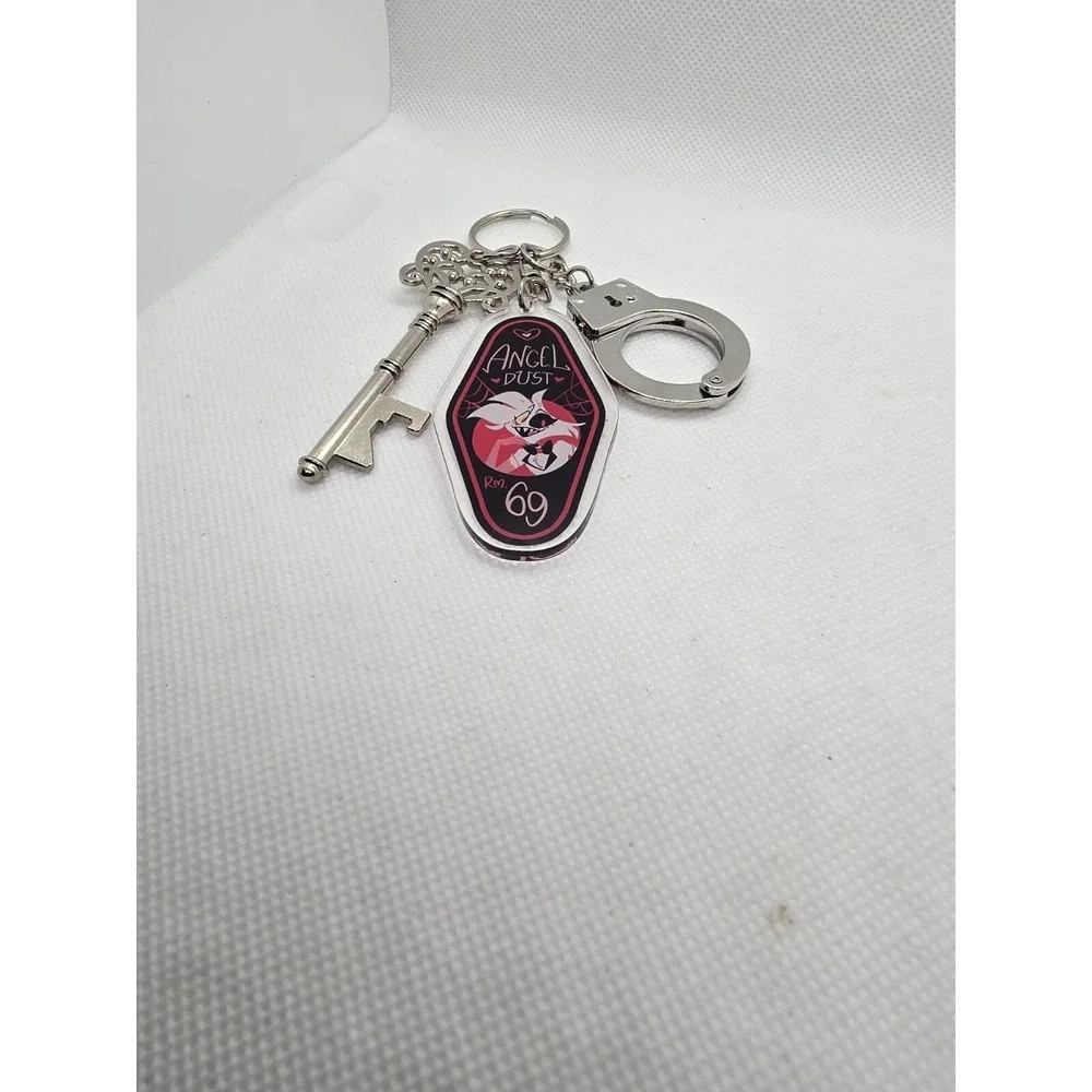 Angel Dust Hazbin Hotel Keychain,  with bottle opener key, and handcuff HANDMADE